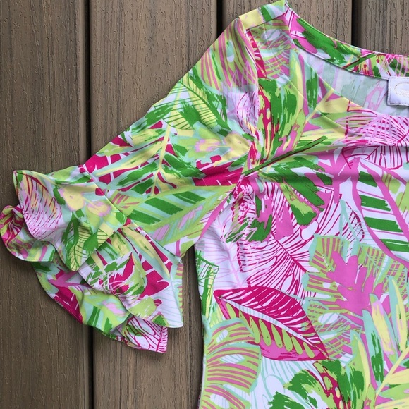 Pappagallo Vibrant Tropical Print Ruffle Sleeve Shift Dress - Picture 5 of 9